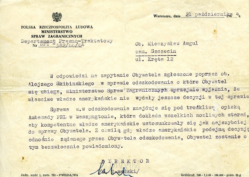 KKE 5749.jpg - Dok. Pismo informujące wystawione przez Ministerstwo Spraw Zagranicznych w sprawie pozwu o odszkodowanie dla Mieczysława Awgul, Warszawa, 21 X 1964 r.